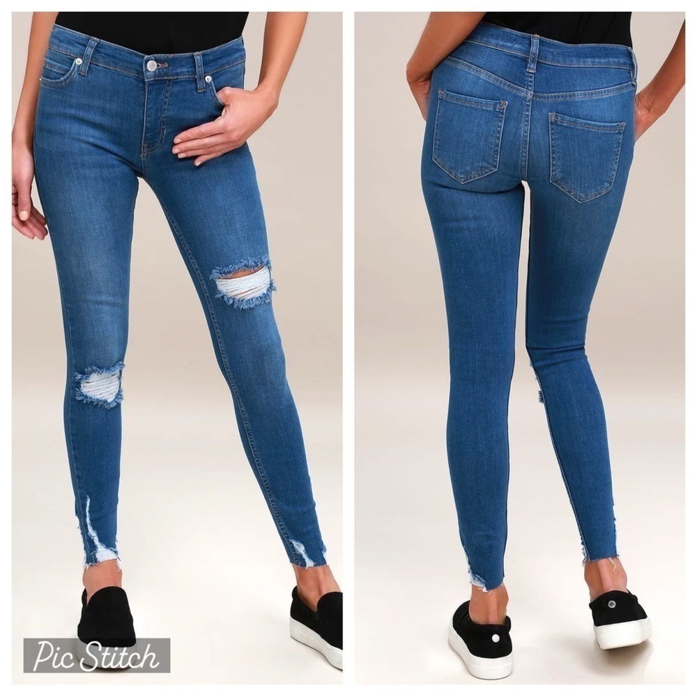 Free People Shark Bite Blue Distressed Skinny Jeans